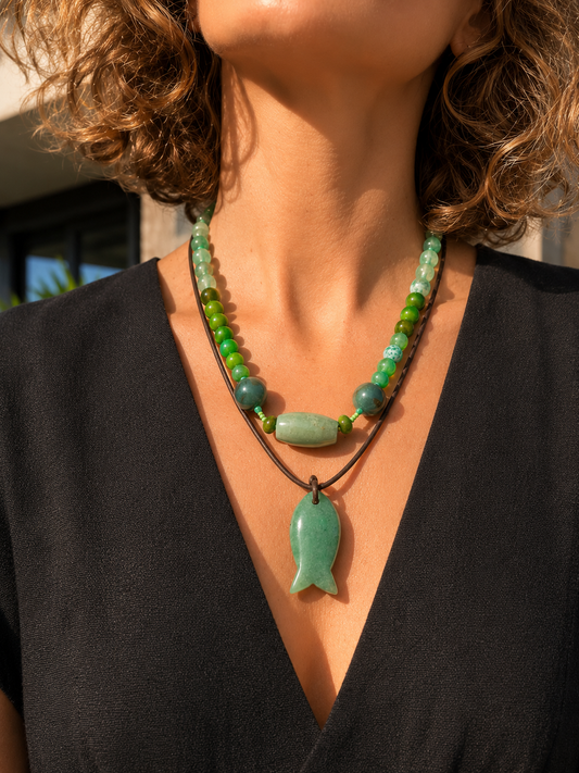 Jade Fish on Brown Leather