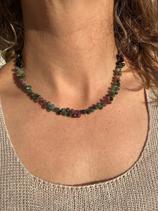Colorful Tourmaline Drops and rough Emerald