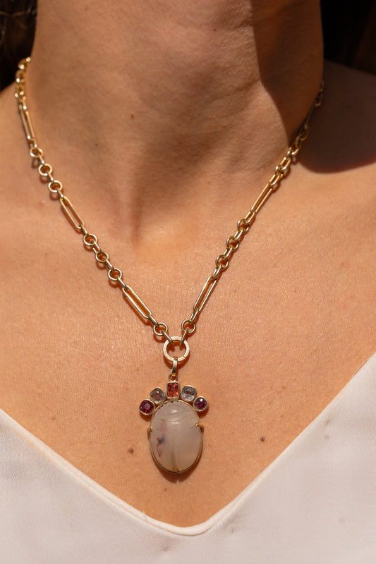 White Egyptian Scarab with colorful Spinel