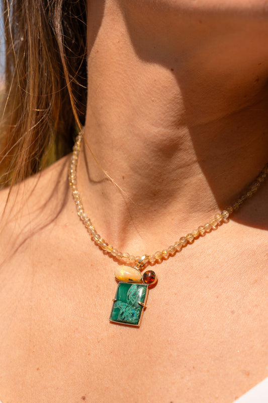Rectangular Malachite with Opal and Amber