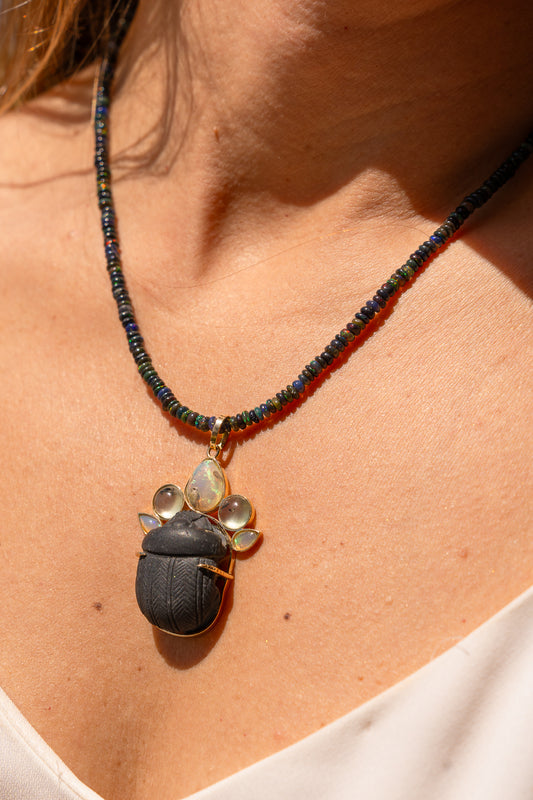 Egyptian Scarab, Prehnite and Opals