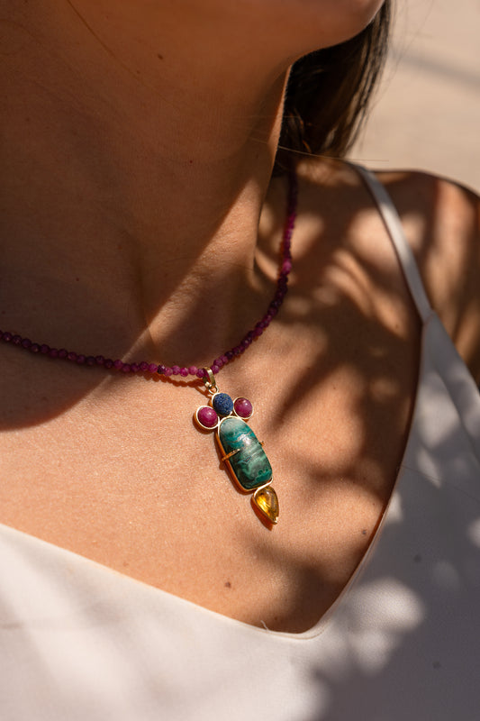 Ruby, Malachite, Azurite and Amber