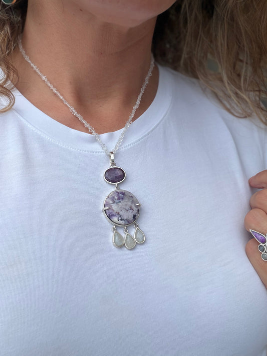 Faceted Ruby, Round Charoite and Moonstone drops