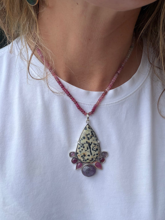 Big Dalmatian Jasper Drop, all types of Rubies and square Spinel