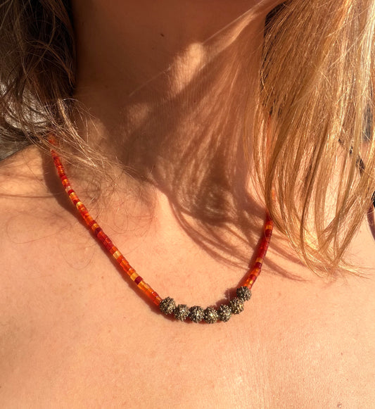 Organge Carnelian Tubes with Nigerian beads