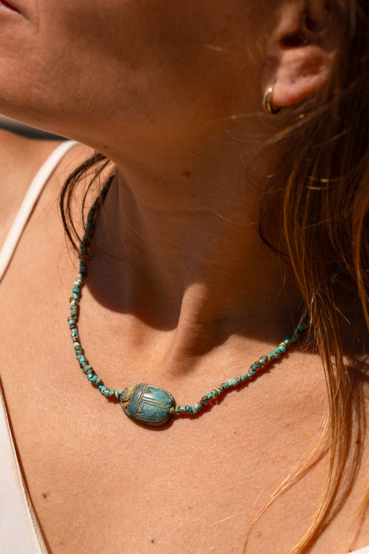 Rough Turquoise with Egyptian Scarab (14k Gold)
