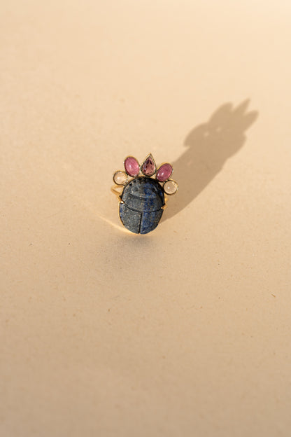 Black Egyptian Scarab with Garnet, star Rubies and Rose quartz