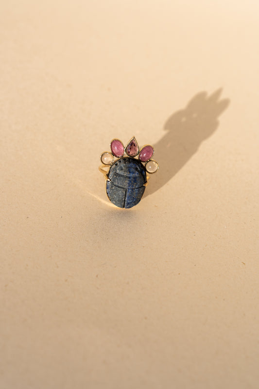 Black Egyptian Scarab with Garnet, star Rubies and Rose quartz