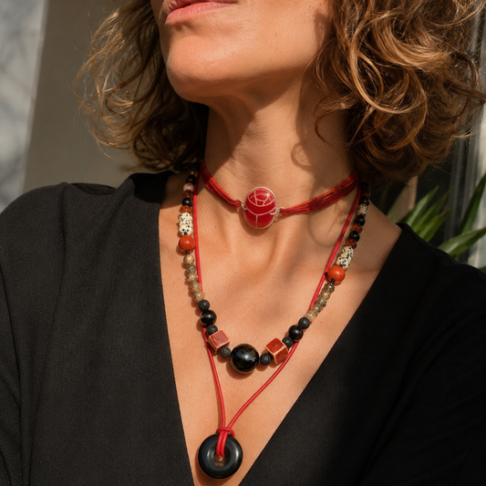 Red Egyptian scarab Chocker on red Silk
