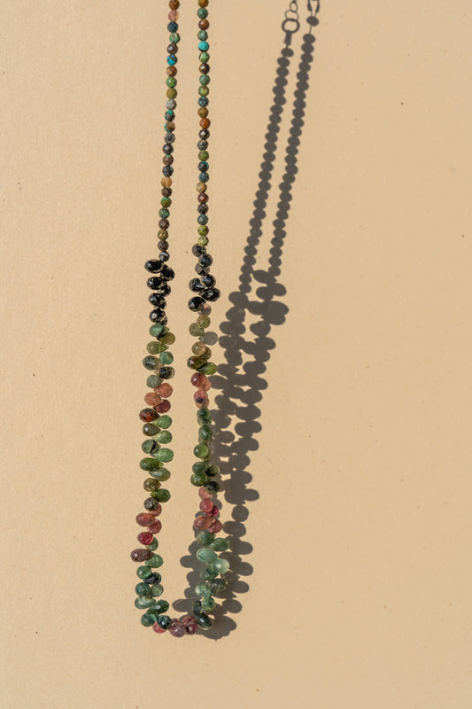 Colorful Tourmaline Drops and rough Emerald