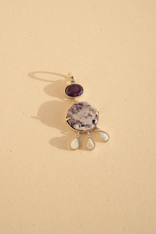 Faceted Ruby, Round Charoite and Moonstone drops