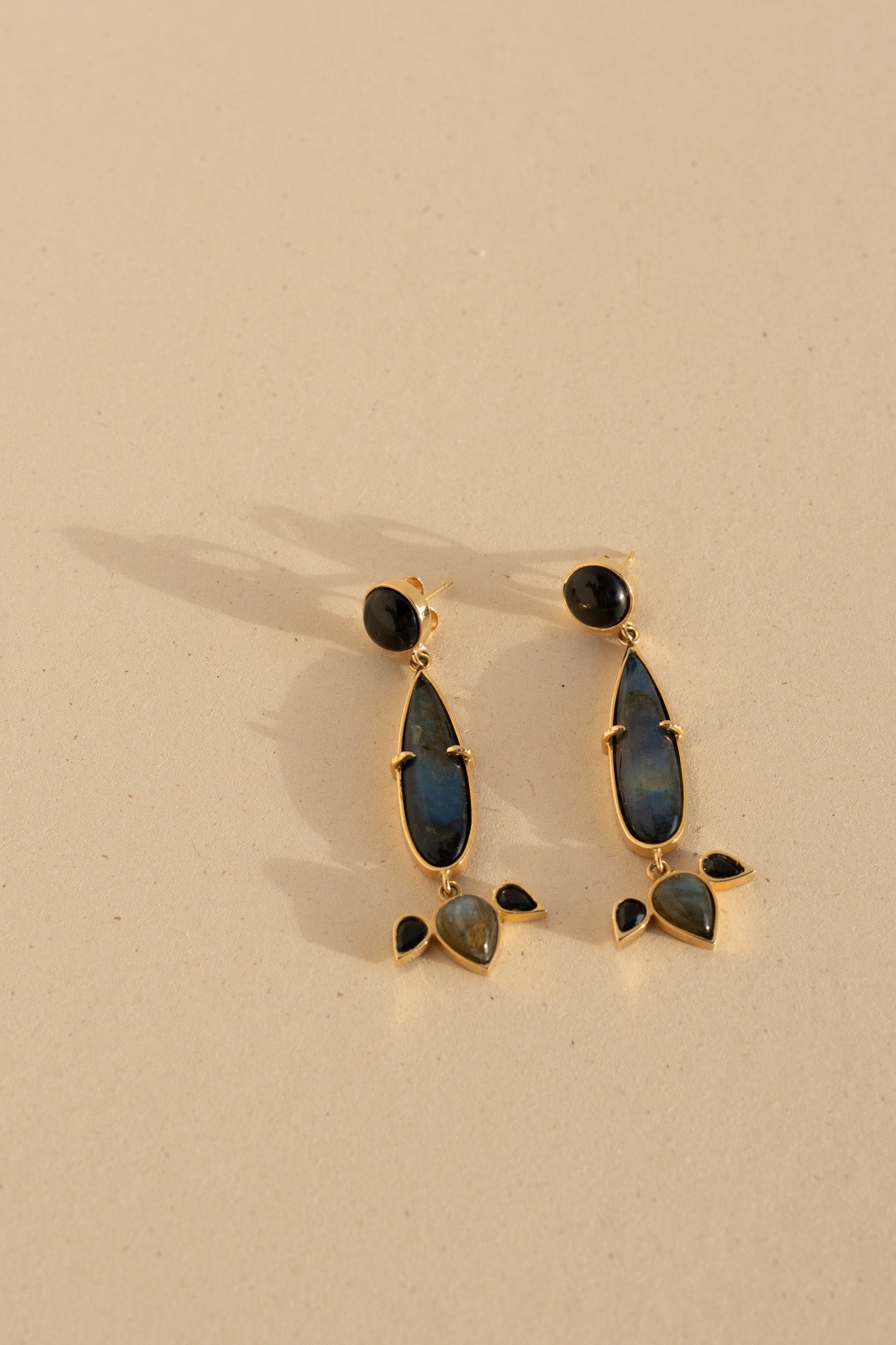 Long Labradorite Drops, Sapphire and Black Star