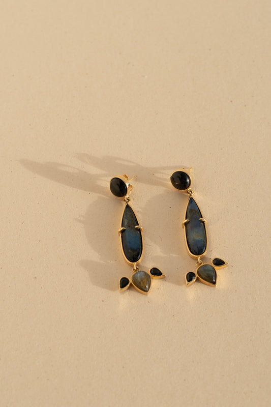 Long Labradorite Drops, Sapphire and Black Star