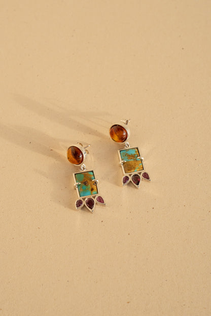 Rectangular Turquoise, Amber and Rubies