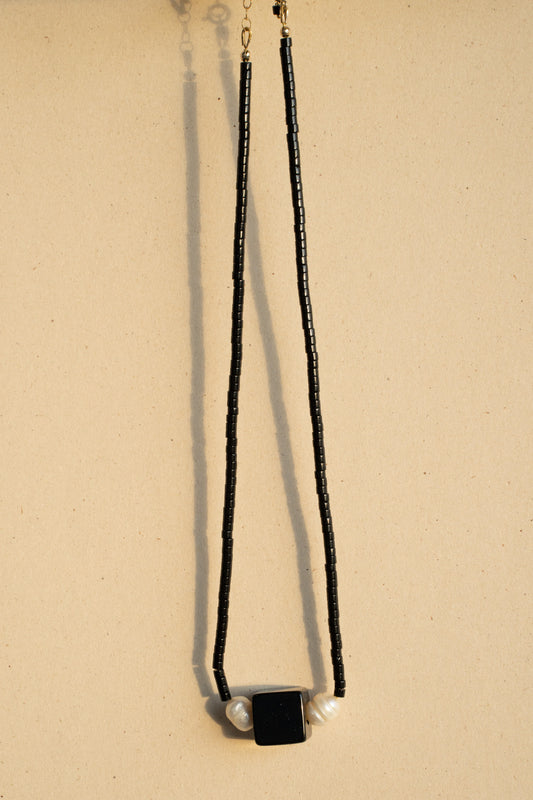 Obsidian square and Tubes with pearls