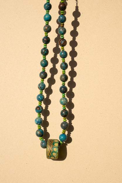 Chrysocolla with Green Turquoise Puka and a Touch of colorful glass