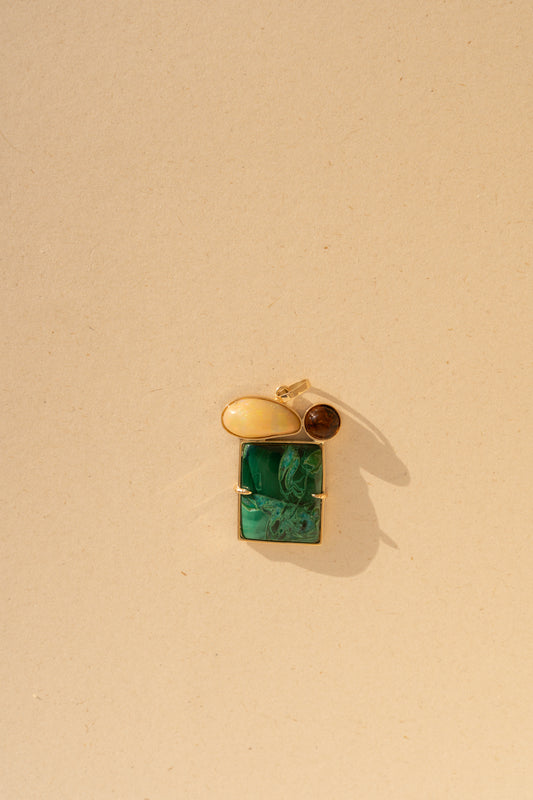 Rectangular Malachite with Opal and Amber