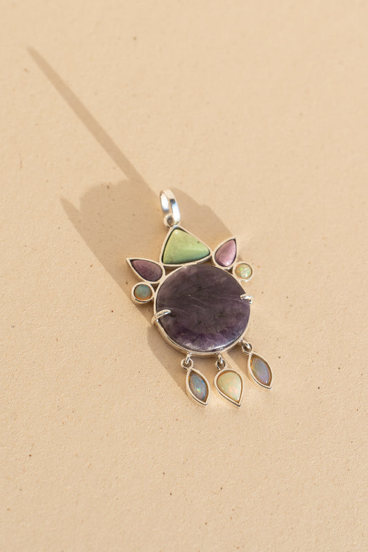 Charoite, Citron Magnesite and opals Pendant