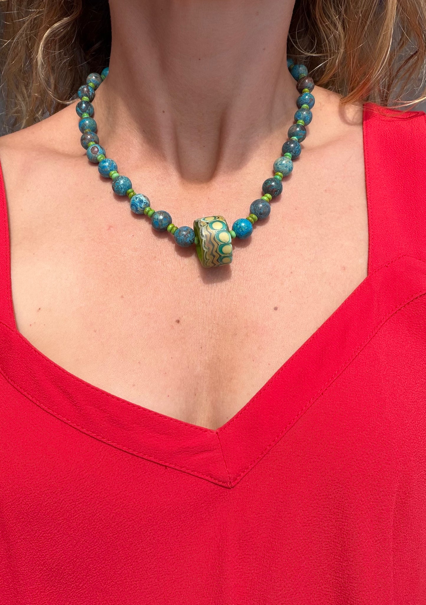 Chrysocolla with Green Turquoise Puka and a Touch of colorful glass