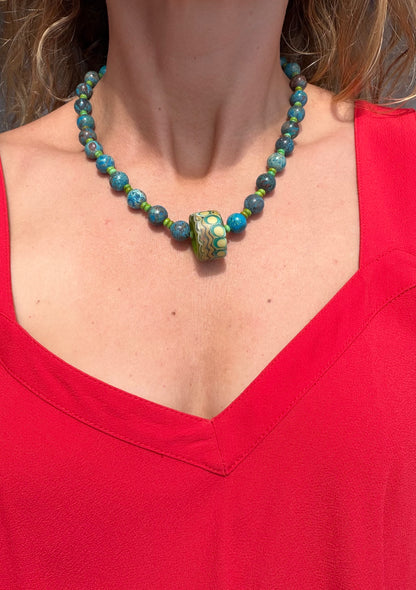 Chrysocolla with Green Turquoise Puka and a Touch of colorful glass