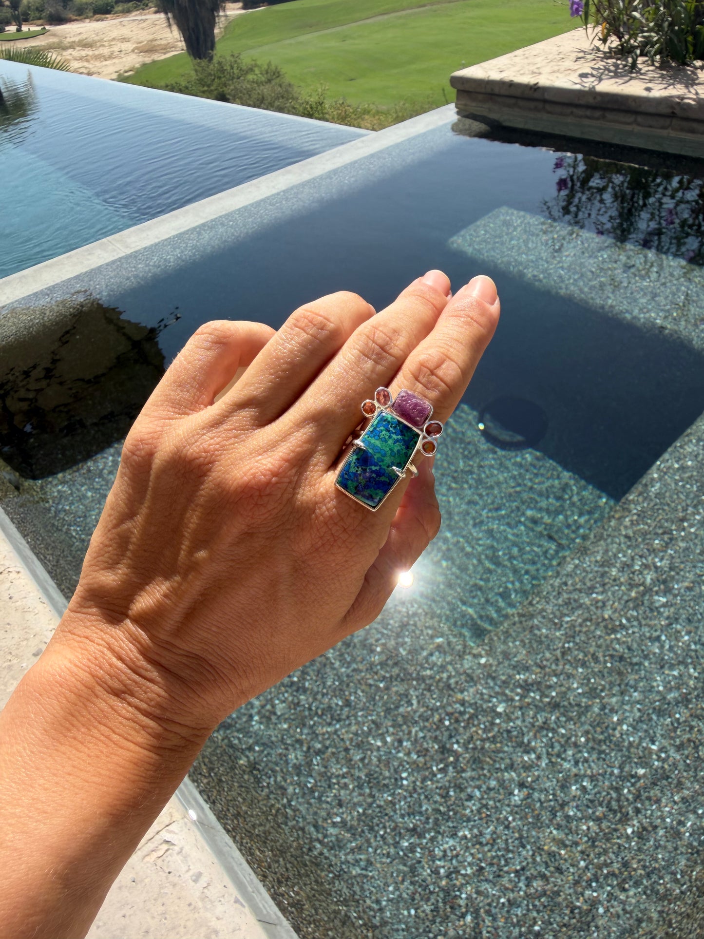 Rectangular Malachite with Azurite, Yellow and Orange Sapphire and Rough Ruby