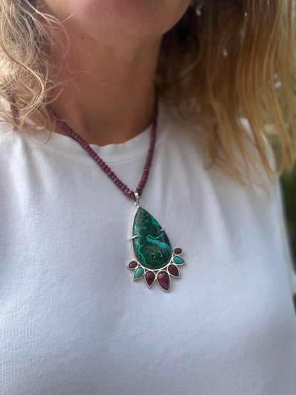 Big Malachite Drop with Rubies and Turquoises