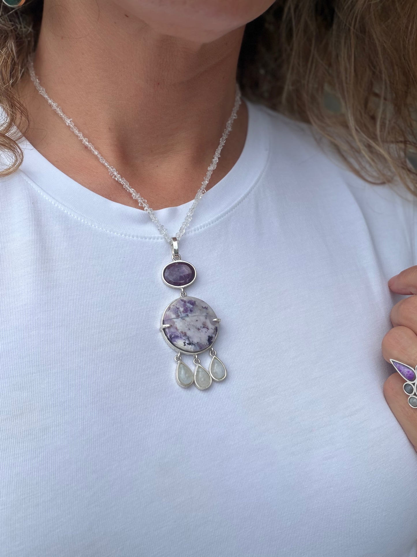 Faceted Ruby, Round Charoite and Moonstone drops