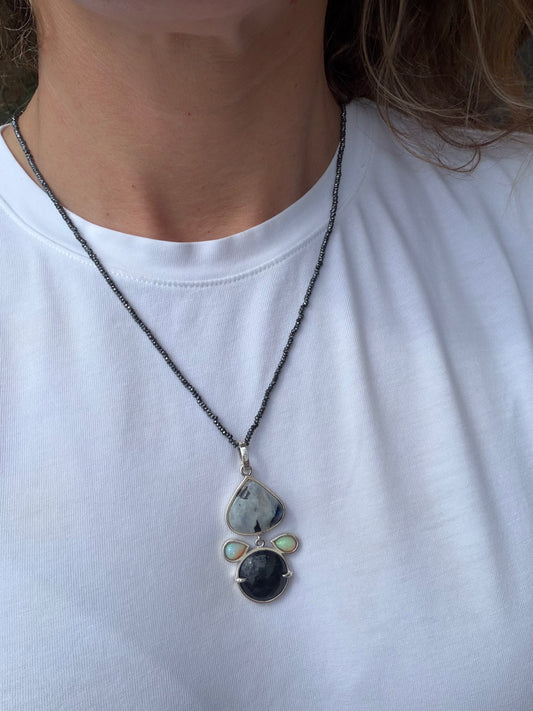 Round Black Star, Opal drops and Moonstone