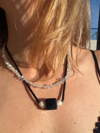 Obsidian square and Tubes with pearls